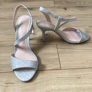 Women’s Aldo Emelinia Sparkly Silver Strappy High Heel shoes size 7